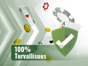 Pelikortteja, pelimerkkejä, kolikoita sekä toimivan SSL-suojauksen merkki