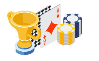 Blackjack-korttipakka, pokaali ja neljä ässää.