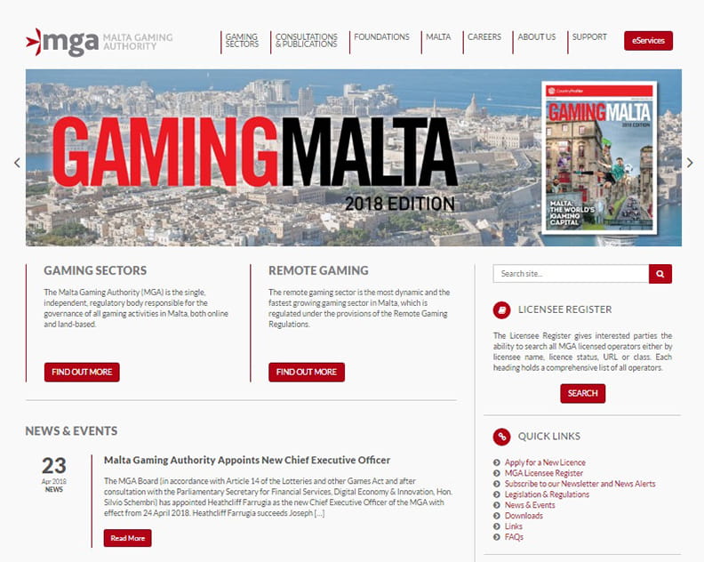 Malta Gaming Authorityn etusivu