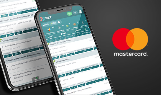 22BETin valikoima mobiililaitteilla ja Mastercard logo