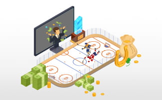 Jääkiekkokaukalo, pelirahaa ja vedonlyöjä tietokoneen näytöllä