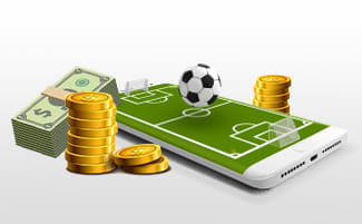 Jalkapallokenttä ja jalkapallo mobiililaitteella sekä pelirahaa