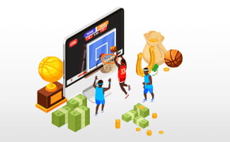 Koripallon pelaamista tietokoneen näytöllä, pokaali, onnenkaluja ja pelirahaa