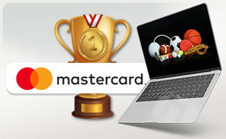 Mastercard logo, tietokone ja pokaali