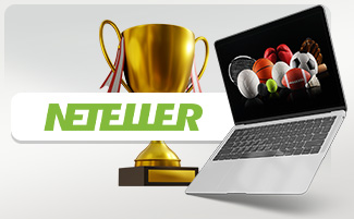 Neteller logo, vedonlyöntiä tietokoneen näytöllä ja pokaali