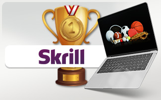 Skrill logo, tietokone ja pokaali