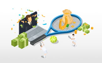 Tietokone, tennisottelu, pelirahaa ja onnenkaluja tennismailan päällä