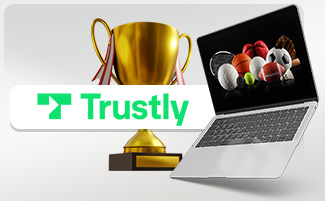 Trustly logo, pokaali ja vedonlyöntisivu tietokoneen näytöllä
