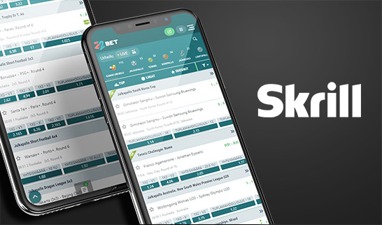 22BETin valikoima mobiililaitteilla ja Skrill logo