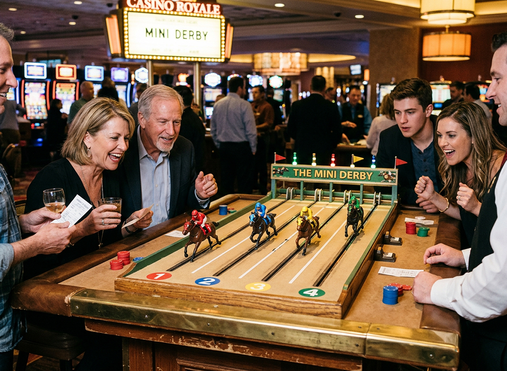 Kasino vieraat pelaavat Mini Derby -pöytäpeliä yhdessä.